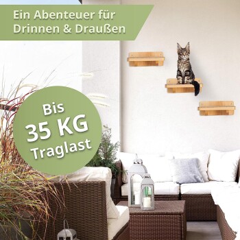 Eine Katze auf einem Holzregal in einem stilvollen Außenbereich, mit dem Text: 'Ein Abenteuer für Drinnen & Draußen' und 'Bis 35 KG Traglast.'