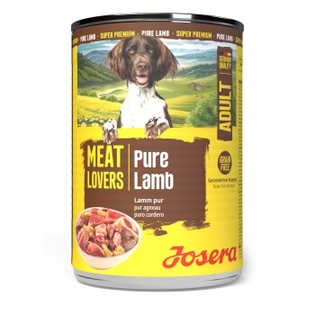 Dose Josera ‚Meat Lovers | Pure Lamb‘ Hundefutter für Erwachsene, getreidefrei, mit Hundeporträt und Schüssel mit Lammstücken.