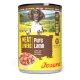 Dose Josera ‚Meat Lovers | Pure Lamb‘ Hundefutter für Erwachsene, getreidefrei, mit Hundeporträt und Schüssel mit Lammstücken.