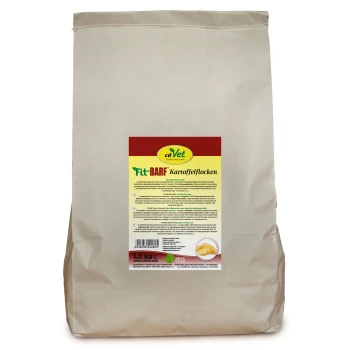 Eine 1,5 kg schwere Tüte cdVet Fit-BARF Kartoffelflocken, mit einem bunten Etikett, das Produktinformationen und Nährwertangaben enthält.