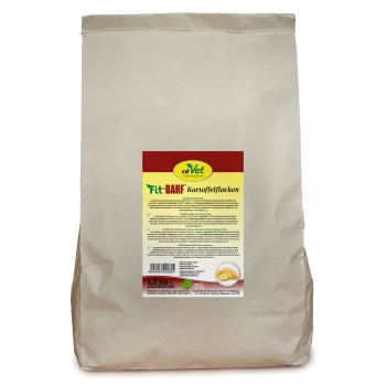 Eine 1,5 kg schwere Tüte cdVet Fit-BARF Kartoffelflocken, mit einem bunten Etikett, das Produktinformationen und Nährwertangaben enthält.