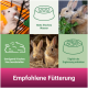 Bild mit Tipps zur Haustierpflege: ein Hamster, der Wasser trinkt, zwei Kaninchen, die Grünfutter fressen, und Text über Fütterungsempfehlungen auf Deutsch.