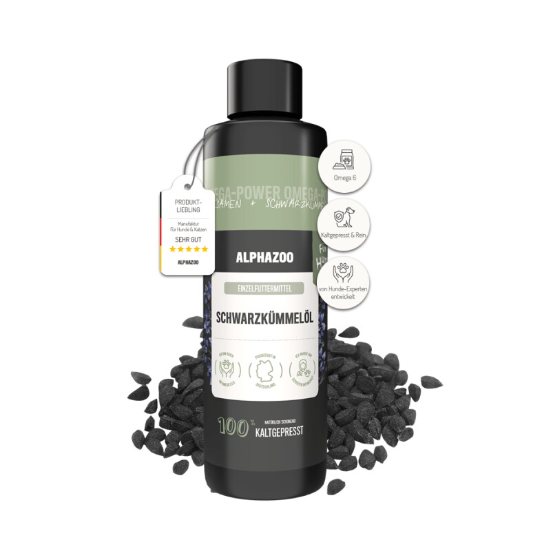 ALPHAZOO Premium Schwarzkümmelöl für Hunde I Echter Schwarzkümmel kaltgepresst 250 ml