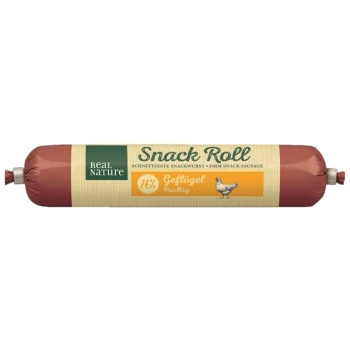 Real Nature Snack Roll, a firm snack sausage for pets, featuring 76% poultry, with text in German and English.