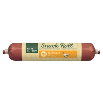 Real Nature Snack Roll, une saucisse de collation ferme pour animaux de compagnie, contenant 76 % de volaille, avec un texte en allemand et en anglais.