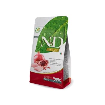 N&D Prime Erwachsenen-Hundefutterbeutel mit einem Rezept aus Huhn und Granatapfel, mit Bildern von Granatapfel und Fleisch auf der Vorderseite.