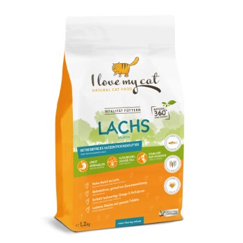 Tüte mit natürlichem Katzenfutter, beschriftet mit "Ich liebe meine Katze", mit Lachs-Geschmack, getreidefrei, mit hervorgehobenen Nährwertvorteilen.