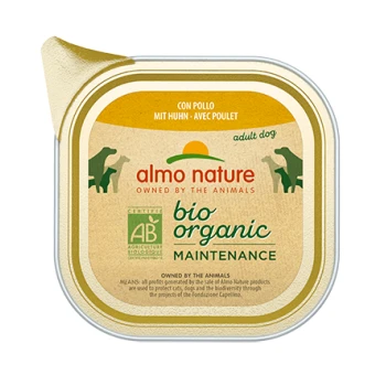 Almo Nature bio organisches Hundefutter für die Erhaltung, mit Huhn, in einer gold-weißen Verpackung mit dem Text "Erwachsener Hund" und Zertifizierungslogo.