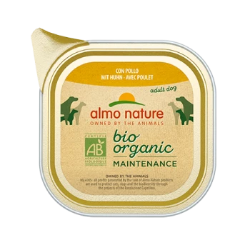 Almo Nature bio organisches Hundefutter für die Erhaltung, mit Huhn, in einer gold-weißen Verpackung mit dem Text "Erwachsener Hund" und Zertifizierungslogo.