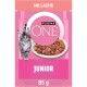 Purina ONE Junior Katzenfutter mit Lachs, mit einem grauen Kätzchen und einer Schüssel mit Nassfutter, 85 g Packung.