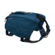 Blauer Hunderrucksack mit verstellbaren Riemen und einem oberen Griff, mit dem Markennamen 'RUFFWEAR' in Orange.