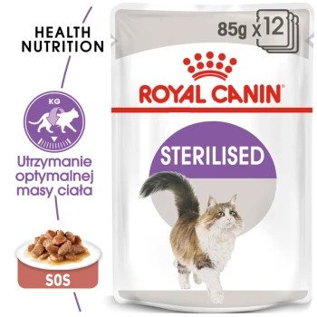 Opakowanie karmy dla kotów Royal Canin Sterilised, z ilustracją biegnącego kota, z tekstem "85g x 12" oraz "Utrzymanie optymalnej masy ciała."