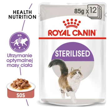 Opakowanie karmy dla kotów Royal Canin Sterilised, z ilustracją biegnącego kota, z tekstem "85g x 12" oraz "Utrzymanie optymalnej masy ciała."