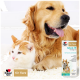 Golden Retriever und orange-weiße Katze neben einer Doppelherz 'für Tiere' Gelenk-Öl Omega-3 Box.