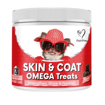 NutriPaw Skin & Coat Omega Treats for dogs, bacon flavor, 120 chews, 360g, with a dog wearing red hat and glasses on label.