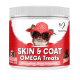 NutriPaw Skin & Coat Omega Treats for dogs, bacon flavor, 120 chews, 360g, with a dog wearing red hat and glasses on label.