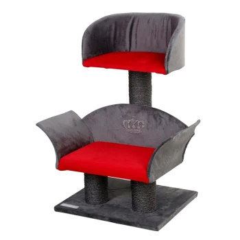Stylischer zweistufiger Katzenbaum mit plüschigen roten Kissen und grauem Stoff, mit einem Kronendesign auf dem oberen Sitz.