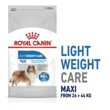 Royal Canin Light Weight Care dog food bag featuring a Collie, labeled "MAXI" for dogs 26-44 kg, claims to help limit weight gain.