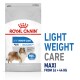 Royal Canin Light Weight Care dog food bag featuring a Collie, labeled "MAXI" for dogs 26-44 kg, claims to help limit weight gain.