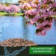 Tierfutterpellets auf grünem Hintergrund mit "GUTE UNTERSTÜTZUNG ZUM SAISON-START," umrahmt von rosa blühenden Bäumen und Wasser.