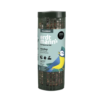 Erdtmann's Classic Nussboy Erdnuss-Vogelfutter, 500g, nachfüllbar, mit blauer und gelber Vogelillustration auf dem Etikett.