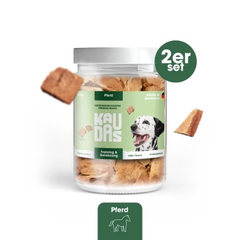 PferdPur Natursnack 2x80 g Hundeleckerlis in einem klaren Glas mit der Aufschrift "KAUDAS" und einem Dalmatinerbild, mit den Texten "Pferd", "Training & Belohnung" und "100% Fleisch."
