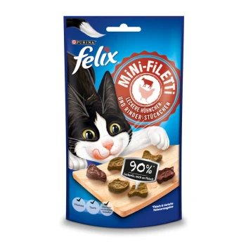 Eine verspielte schwarz-weiße Katze auf blauer Felix Mini-Filetti Verpackung, die Hühner- und Rindfleischsnacks mit "90% Fleisch" und "Vitamine" zeigt.