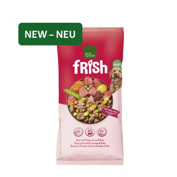 Frish Real Nature Hundefutterbeutel für Erwachsene, Rind mit Kartoffel, Karotte & Erbsen; rosa-rotes Verpackungsdesign mit grünem 'NEW - NEU'-Label.