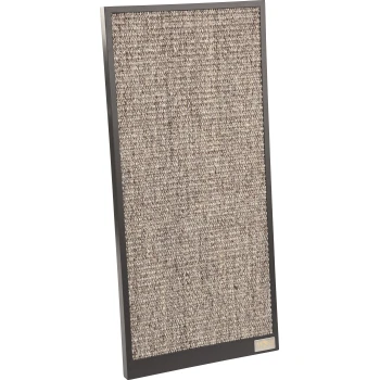 WIĘCEJ Drapak deluxe szary 2 cm, 60 cm, 28 cm Drapak dla kota z teksturowaną beżową powierzchnią i czarną ramą, z małym logo "MORE" w prawym dolnym rogu.