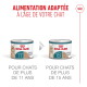 Deux boîtes de mousse Royal Canin étiquetées 11+ et 15+ avec texte français « ALIMENTATION ADAPTÉE À L'ÂGE DE VOTRE CHAT »