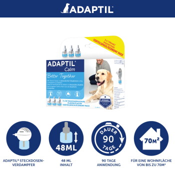 ADAPTIL Calm Steckdosen-Diffusor Sparpackung mit Labradorabbildung, Slogan „Better Together“ und sichtbaren Angaben „48 ML“, „90 TAGE“, „70 m²“.