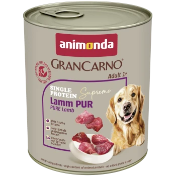 Dose Animonda GranCarno Hundefutter — Single Protein Lamm PUR (Pure Lamb), Adult 1+, Hundebild und Lammstücke.