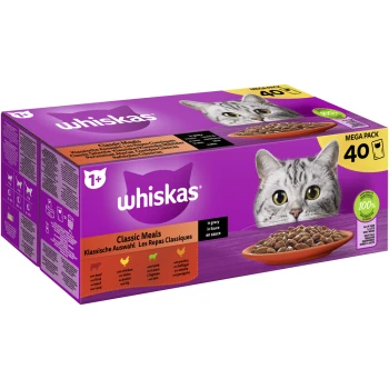 Mega Pack 1+ Klassische Auswahl in Sauce 40 x 85g Whiskas Classic Meals Mega Pack für Katzen, mit dem Gesicht einer grauen Katze auf der Verpackung, mit Text, der Geschmacksrichtungen wie Huhn und Lamm angibt.