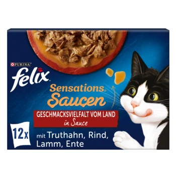 Sensations 12x85g Geschmacksvielfalt vom Land Verpackung für Purina Felix Sensations Katzenfutter mit einer schwarz-weißen Katze, mit Text, der die Geschmäcker hervorhebt: Truthahn, Rind, Lamm und Ente in Sauce.
