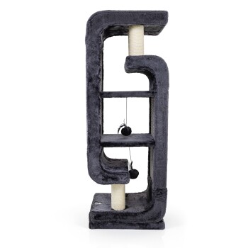 Ein moderner, dunkelgrauer Katzenbaum mit mehreren Ebenen, Kratzpfosten und hängenden Spielzeugen.