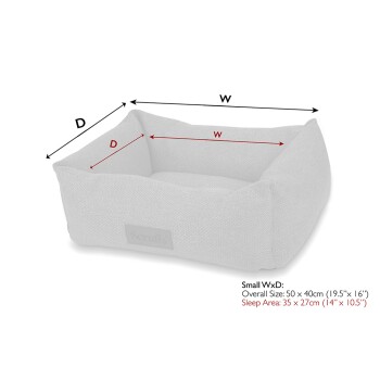 Weiches Haustierbett mit beschrifteten Abmessungen: Gesamte Größe 50x40cm, Schlafbereich 35x27cm, mit Scruffs-Branding.