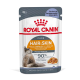 Royal Canin "Hair & Skin" feline wet food pouch (85g) with long-haired cat image, "Over 90%" claim and "Thin slices in jelly" text