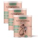 Drei zylindrische Behälter von "Futtertopping" für Hunde, beschriftet mit "Haut & Fell," die Vorteile für Haut- und Fellgesundheit hervorheben, vegan, je 250g.