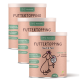 Drei zylindrische Behälter von "Futtertopping" für Hunde, beschriftet mit "Haut & Fell," die Vorteile für Haut- und Fellgesundheit hervorheben, vegan, je 250g.