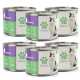 Sechs Dosen "Fellicita" Katzenfutter mit lila und grünen Designs, die eine dreifarbige Katze zeigen und Etiketten für "Kaninchen" und "Mono-Protein" haben.