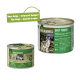 Zwei Dosen Haustierfutter mit der Aufschrift "Wilderness Deep Forest", die ein Wolfbild zeigen, mit Text, der 95% Fleischgehalt und eine verbesserte Formel hervorhebt.