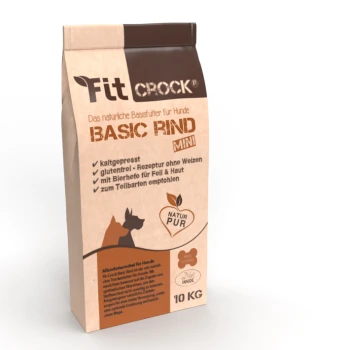 Hundfutterbeutel mit der Aufschrift 'FitCrock Basic Rind Mini', mit glutenfreier, kaltgepresster Formel und Zutaten für Haut- und Fellgesundheit, 10 kg.
