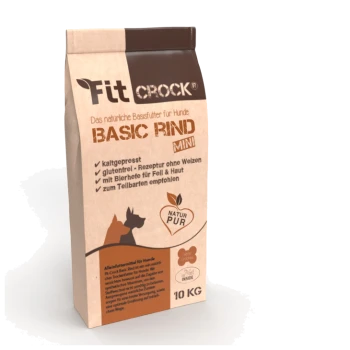 Hundfutterbeutel mit der Aufschrift 'FitCrock Basic Rind Mini', mit glutenfreier, kaltgepresster Formel und Zutaten für Haut- und Fellgesundheit, 10 kg.