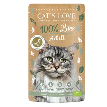 Cat's Love 100% Bio Adult Katzenfutterbeutel mit einer grau getigerten Katze, Entengeschmack, natürlichem Gelee und Symbolen für wichtige Vorteile.