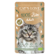 Cat's Love 100% Bio Adult Katzenfutterbeutel mit einer grau getigerten Katze, Entengeschmack, natürlichem Gelee und Symbolen für wichtige Vorteile.