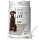 Weißer Behälter mit der Aufschrift 'REAVET ZEOLITH VET PULVER 700g', zeigt ein Bild eines braunen Hundes und eine Schaufel mit weißem Pulver.