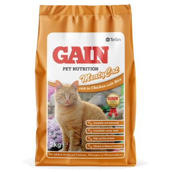 A 2kg bag of GAIN MeatyCat food with a ginger cat, labeled "rich in Chicken with Rice" and "Complete and balanced."