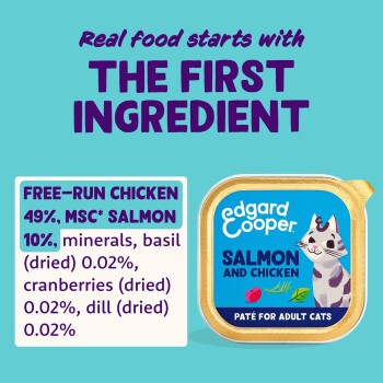 Edgard & Cooper Salmon & Chicken cat food; Real food starts with THE FIRST INGREDIENT; FREE-RUN CHICKEN 49%, MSC SALMON 10%