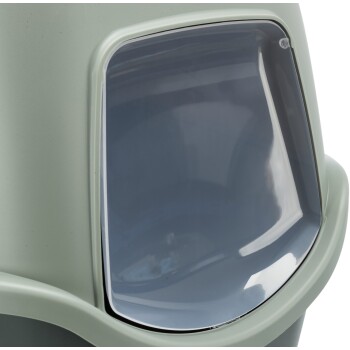 Zbliżenie nowoczesnej, jasnoszarej kuwety dla kota z przezroczystym szarym daszkiem, ukazujące jej elegancki design i funkcjonalność.