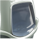 Nahaufnahme einer modernen, hellgrünen Katzenstreu-Box mit einer transparenten grauen Haube, die ihr schlankes Design und ihre Funktionalität zeigt.